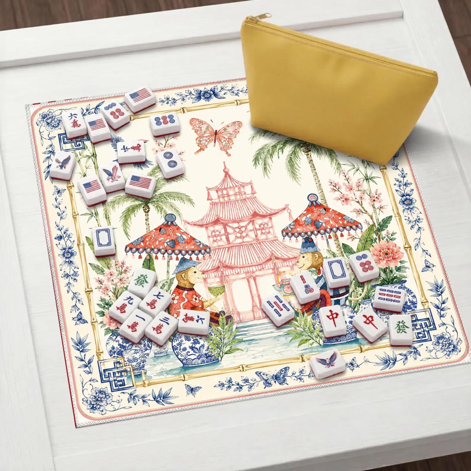 Chinoiserie Monkey Mahjong Mat, Pink Pagoda Garden Game Mat, Blue White Ginger Jar