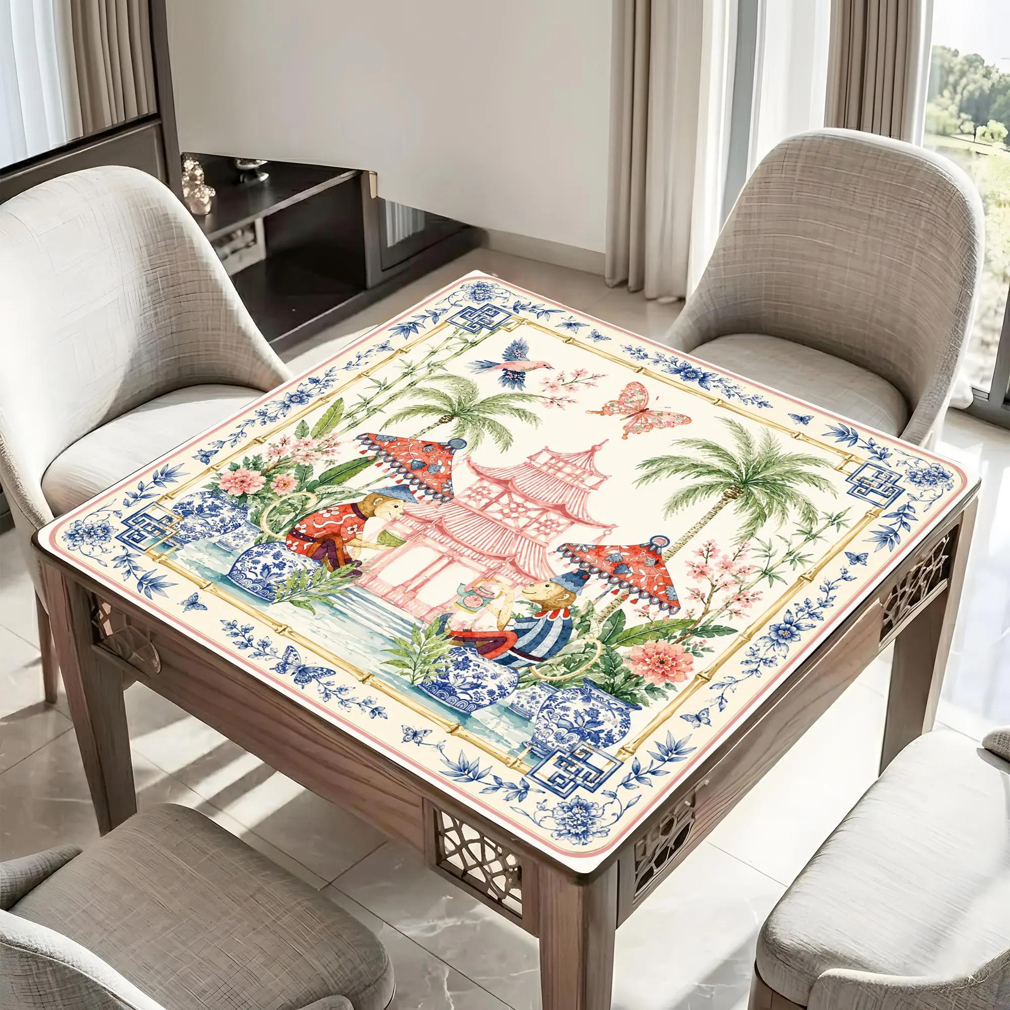 Chinoiserie Monkey Mahjong Mat, Pink Pagoda Garden Game Mat, Blue White Ginger Jar