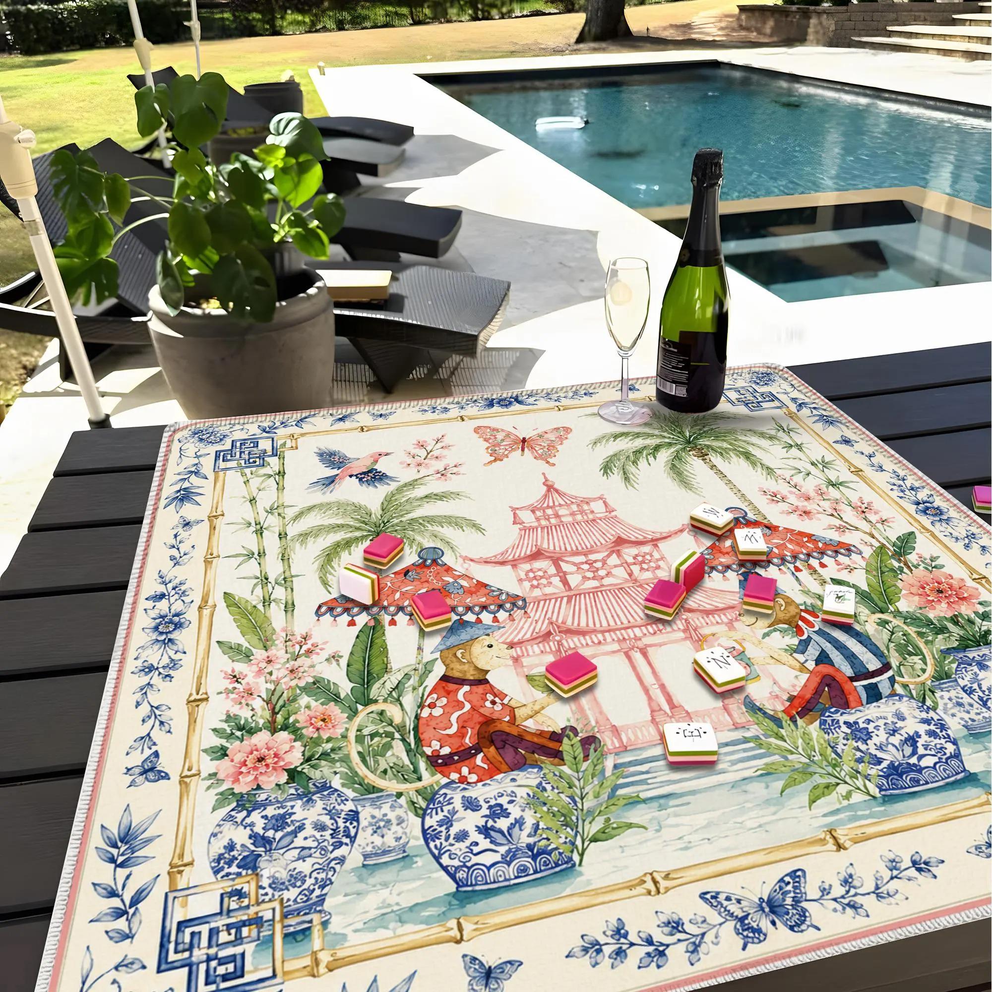 Chinoiserie Monkey Mahjong Mat, Pink Pagoda Garden Game Mat, Blue White Ginger Jar