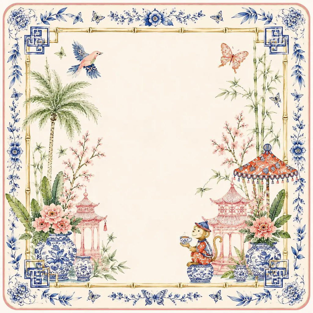 Chinoiserie Monkey Mahjong Mat, Pink Pagoda Garden Game Mat, Blue White Ginger Jar