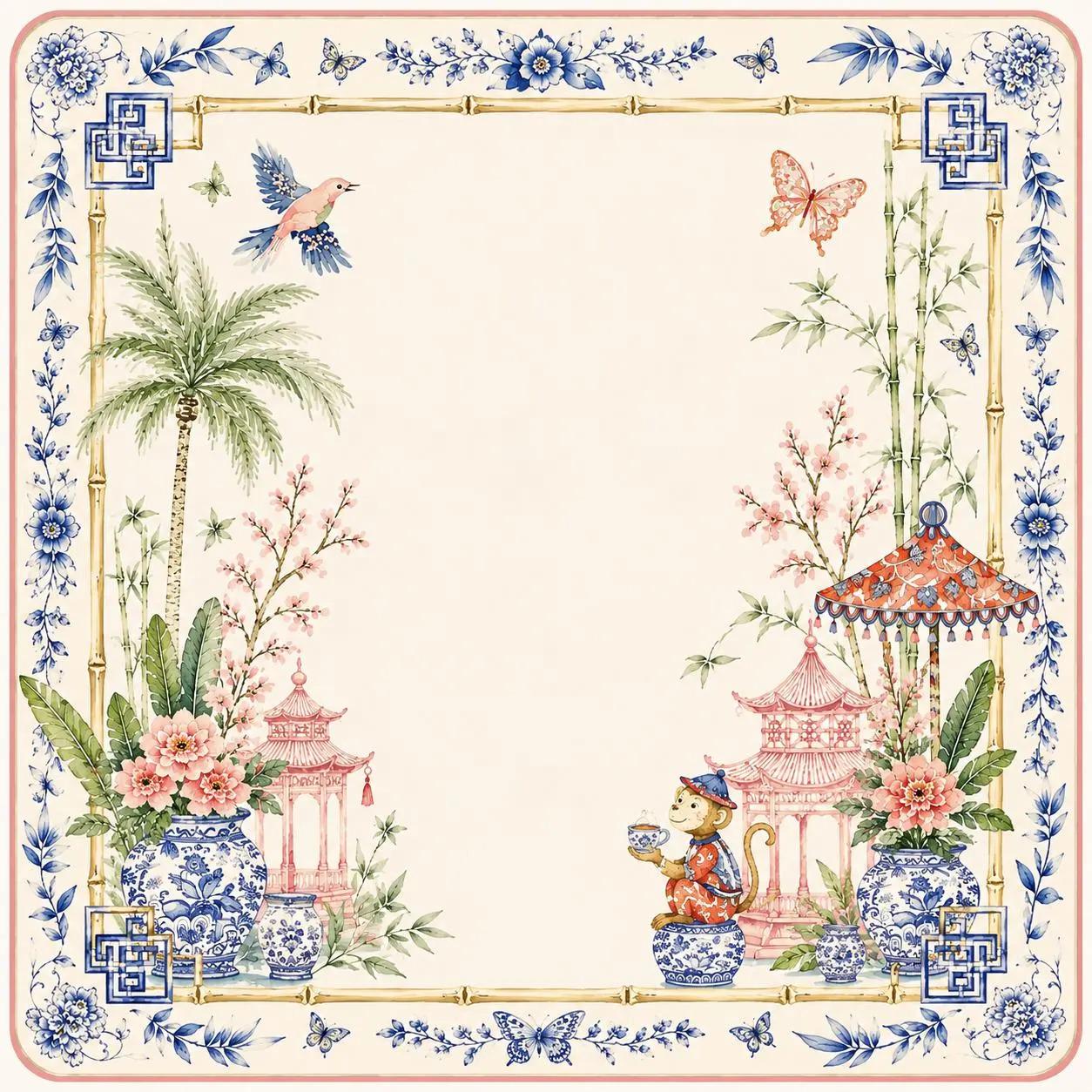 Chinoiserie Monkey Mahjong Mat, Pink Pagoda Garden Game Mat, Blue White Ginger Jar