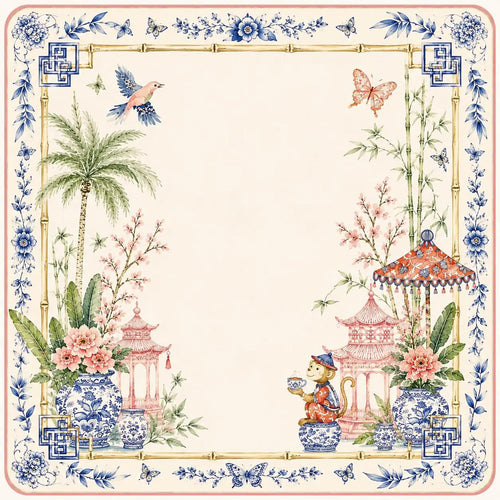 Chinoiserie Monkey Mahjong Mat, Pink Pagoda Garden Game Mat, Blue White Ginger Jar