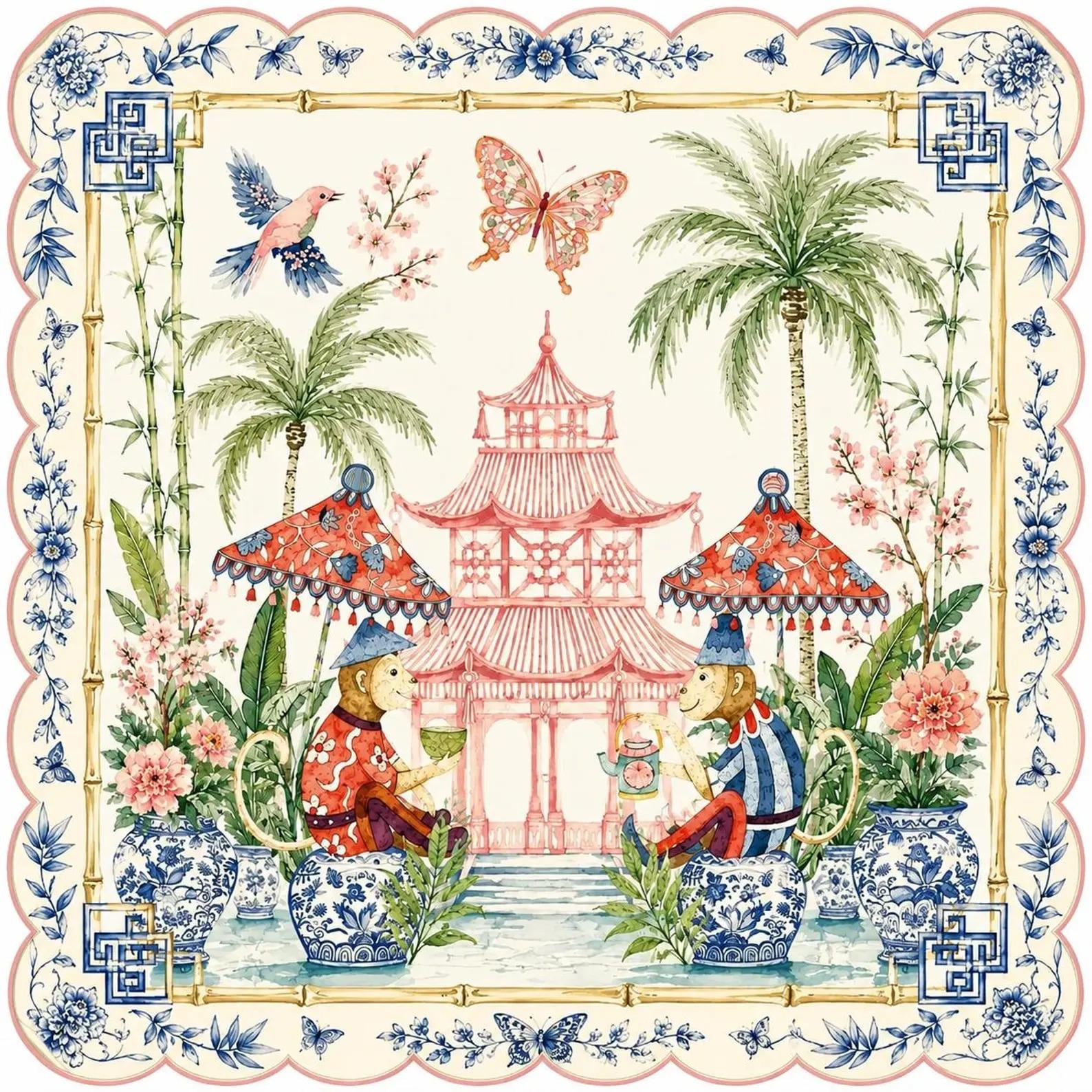 Chinoiserie Monkey Mahjong Mat, Pink Pagoda Garden Game Mat, Blue White Ginger Jar