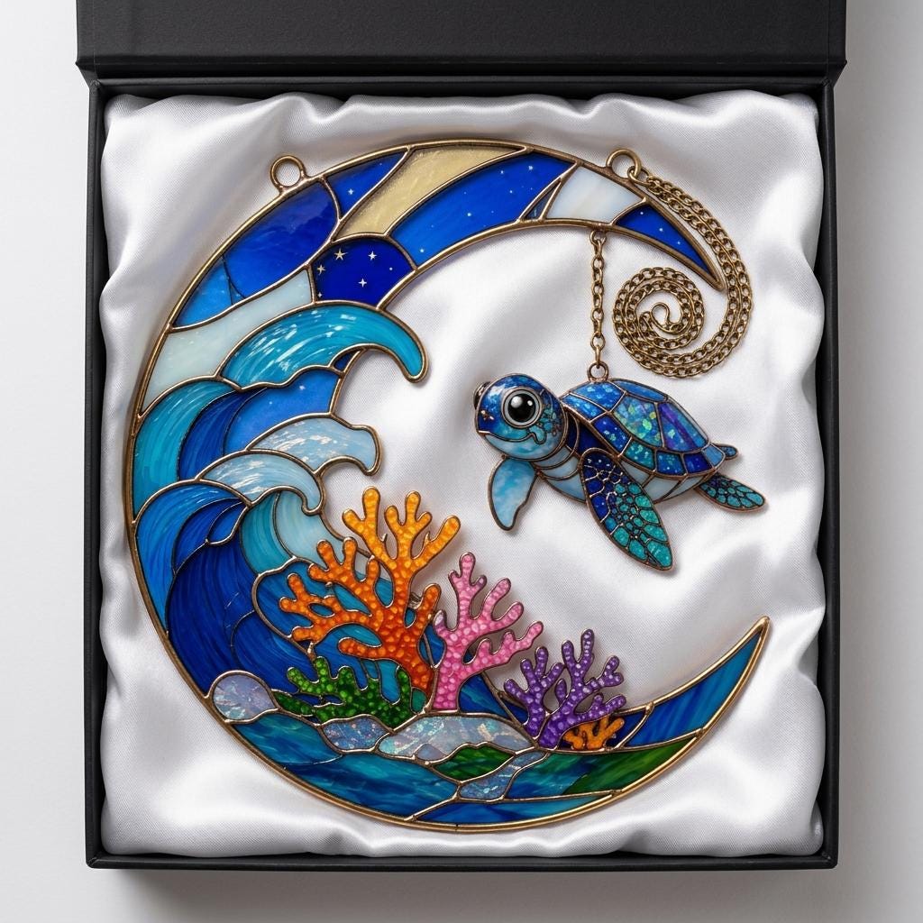 Turtle Lover Gift, Turtle Ocean Animal Acrylic Suncatcher, Nature Lover Acrylic Hanging Decor, Turtle Moon Faux Stained Glass Suncatcher