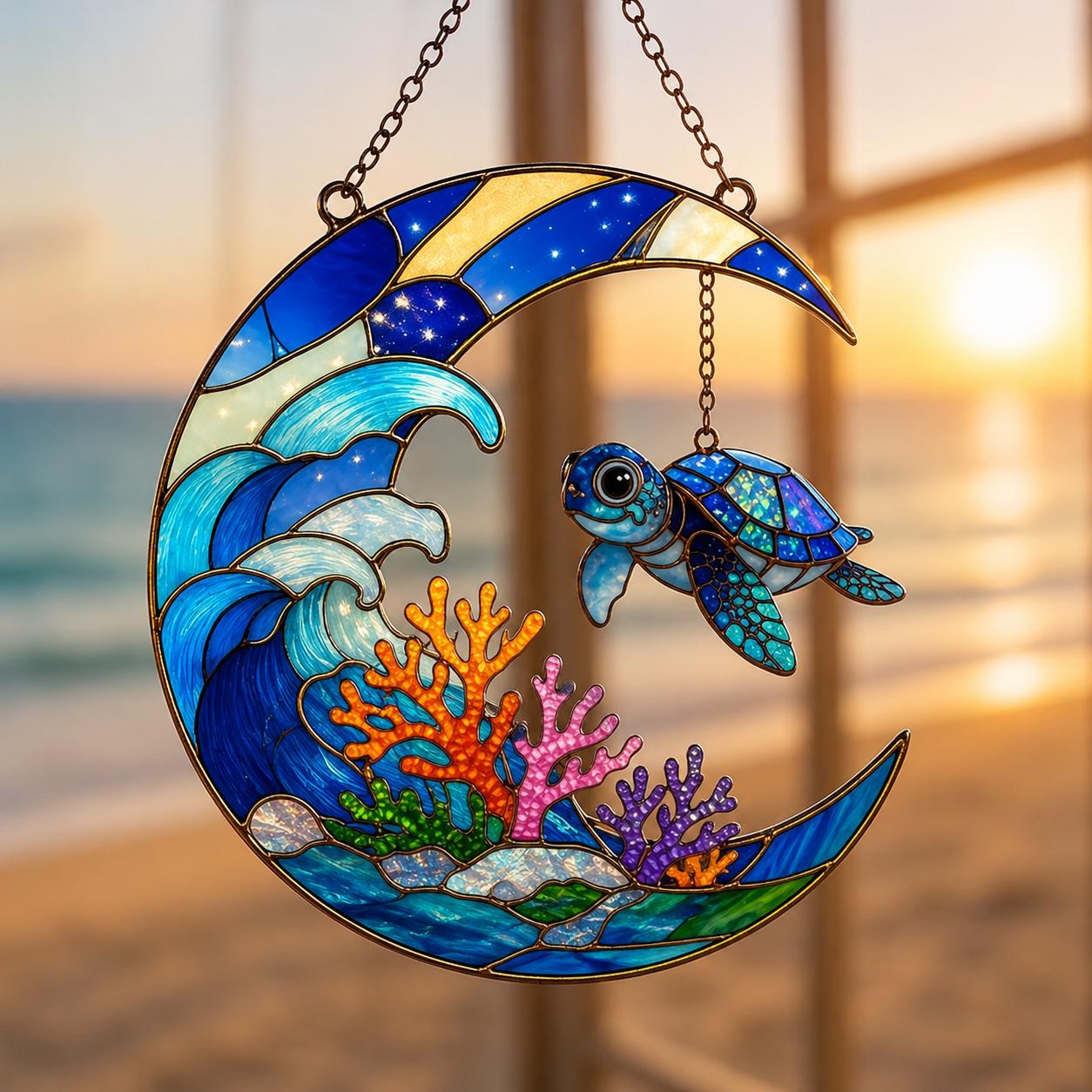 Turtle Lover Gift, Turtle Ocean Animal Acrylic Suncatcher, Nature Lover Acrylic Hanging Decor, Turtle Moon Faux Stained Glass Suncatcher