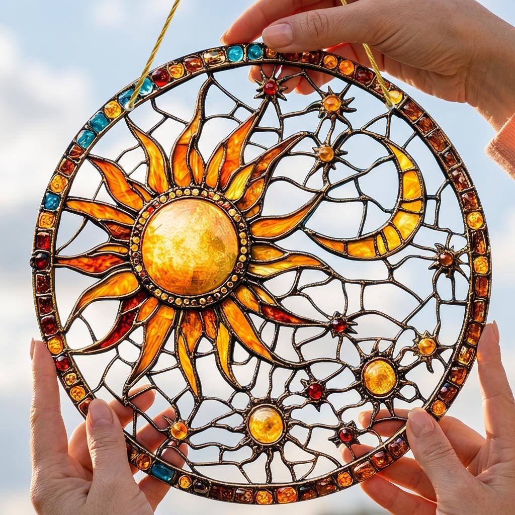 Sun and Moon Acrylic Suncatcher, Mystic Celestial Wall Window Hanging, Astrology Gift, Boho Home Decor