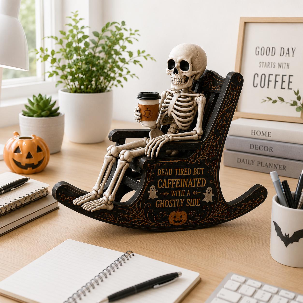 Halloween Skeleton Wooden Block Sign, Coffee Lover Skull Decor, Funny Spooky Shelf Sitter, Fall Office Desk Decor Gift