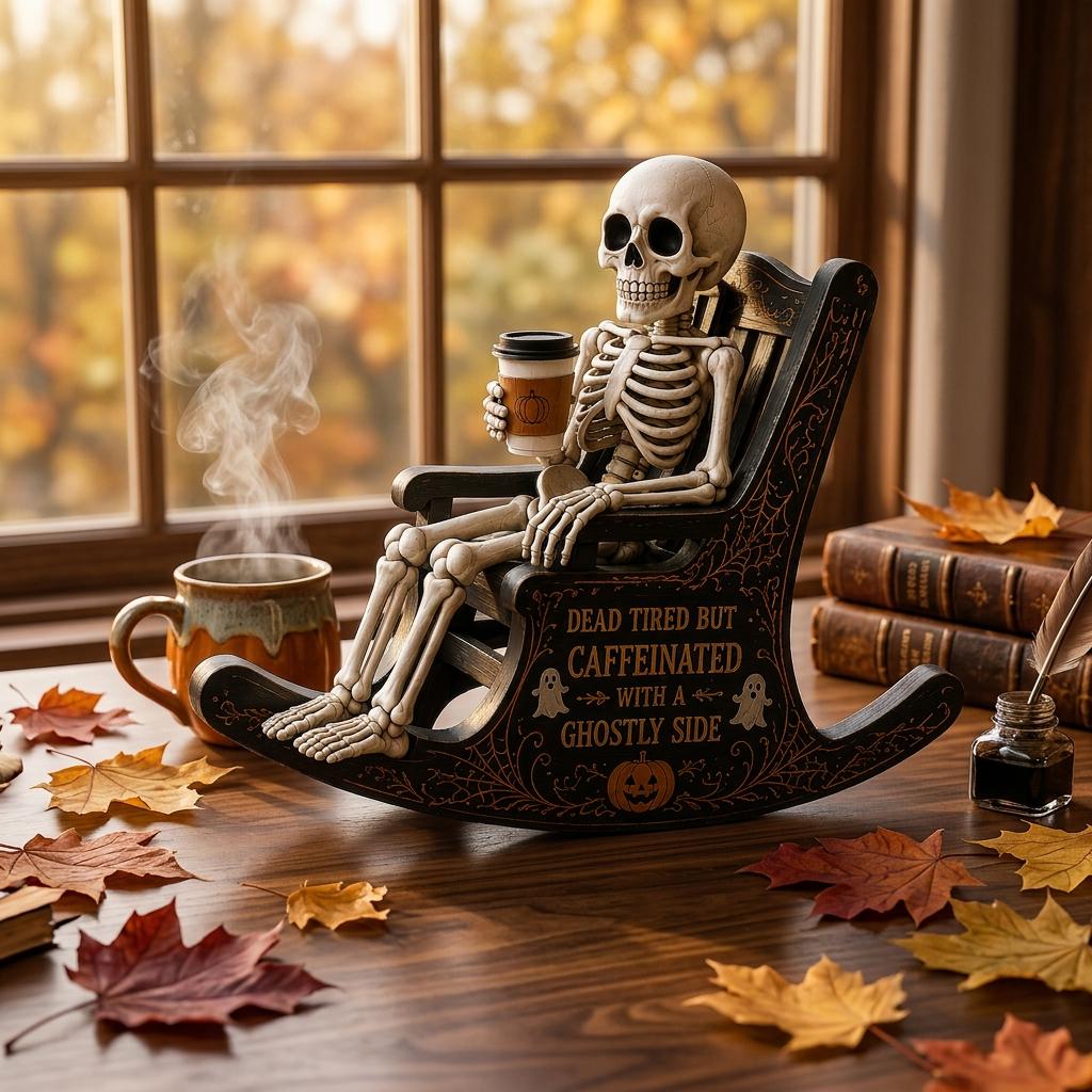 Halloween Skeleton Wooden Block Sign, Coffee Lover Skull Decor, Funny Spooky Shelf Sitter, Fall Office Desk Decor Gift