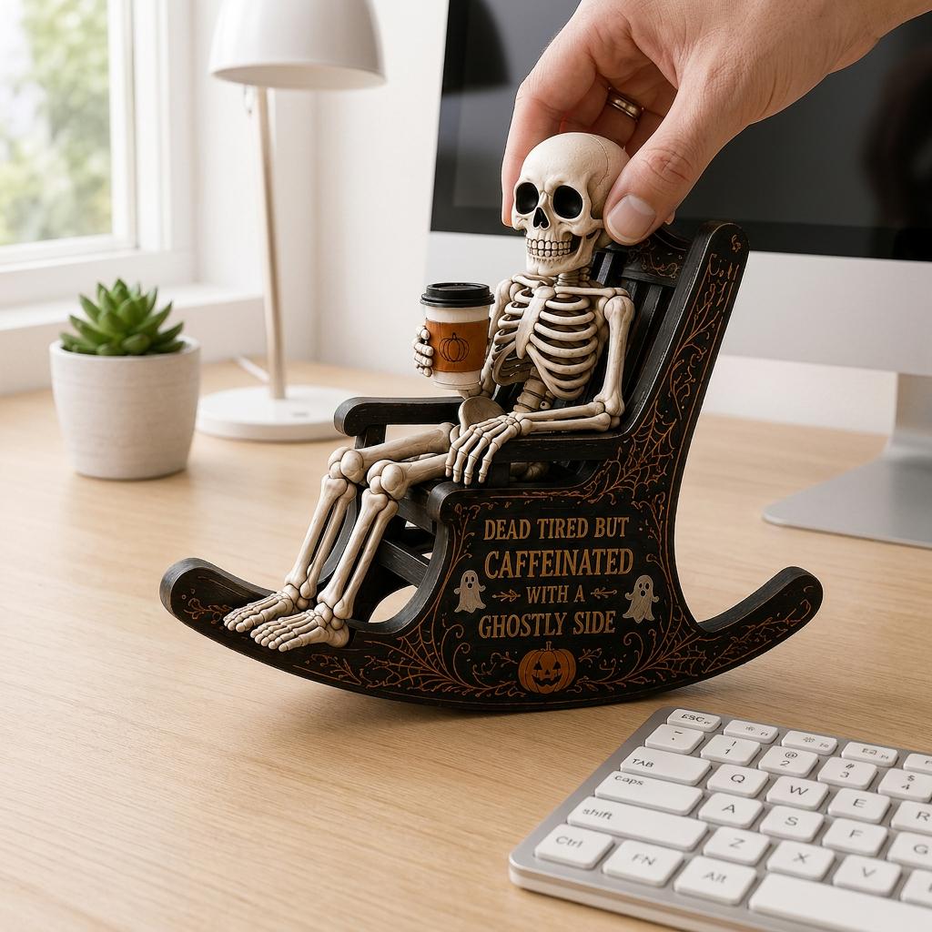 Halloween Skeleton Wooden Block Sign, Coffee Lover Skull Decor, Funny Spooky Shelf Sitter, Fall Office Desk Decor Gift
