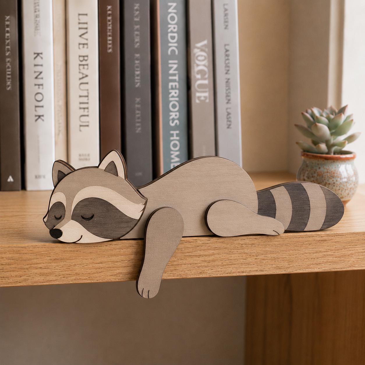 Raccoon Wooden Shelf Decor, Woodland Creature Wooden Block, Sleeping Animal Bookshelf Sitter, Nursery Room Decor Gift