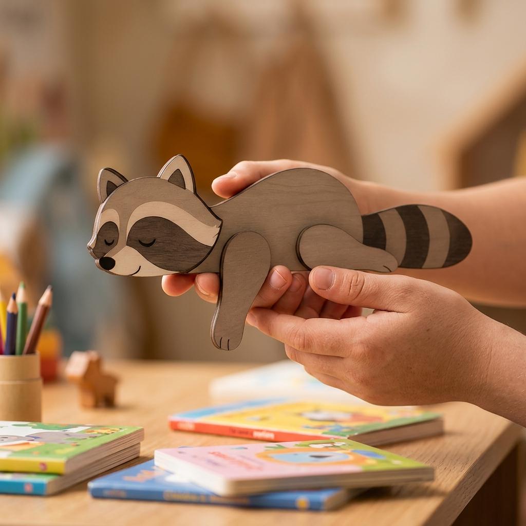 Raccoon Wooden Shelf Decor, Woodland Creature Wooden Block, Sleeping Animal Bookshelf Sitter, Nursery Room Decor Gift