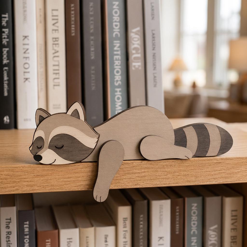 Raccoon Wooden Shelf Decor, Woodland Creature Wooden Block, Sleeping Animal Bookshelf Sitter, Nursery Room Decor Gift