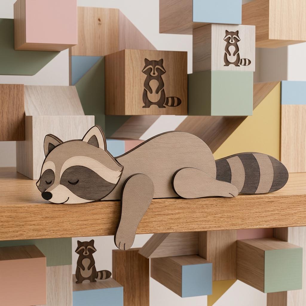 Raccoon Wooden Shelf Decor, Woodland Creature Wooden Block, Sleeping Animal Bookshelf Sitter, Nursery Room Decor Gift