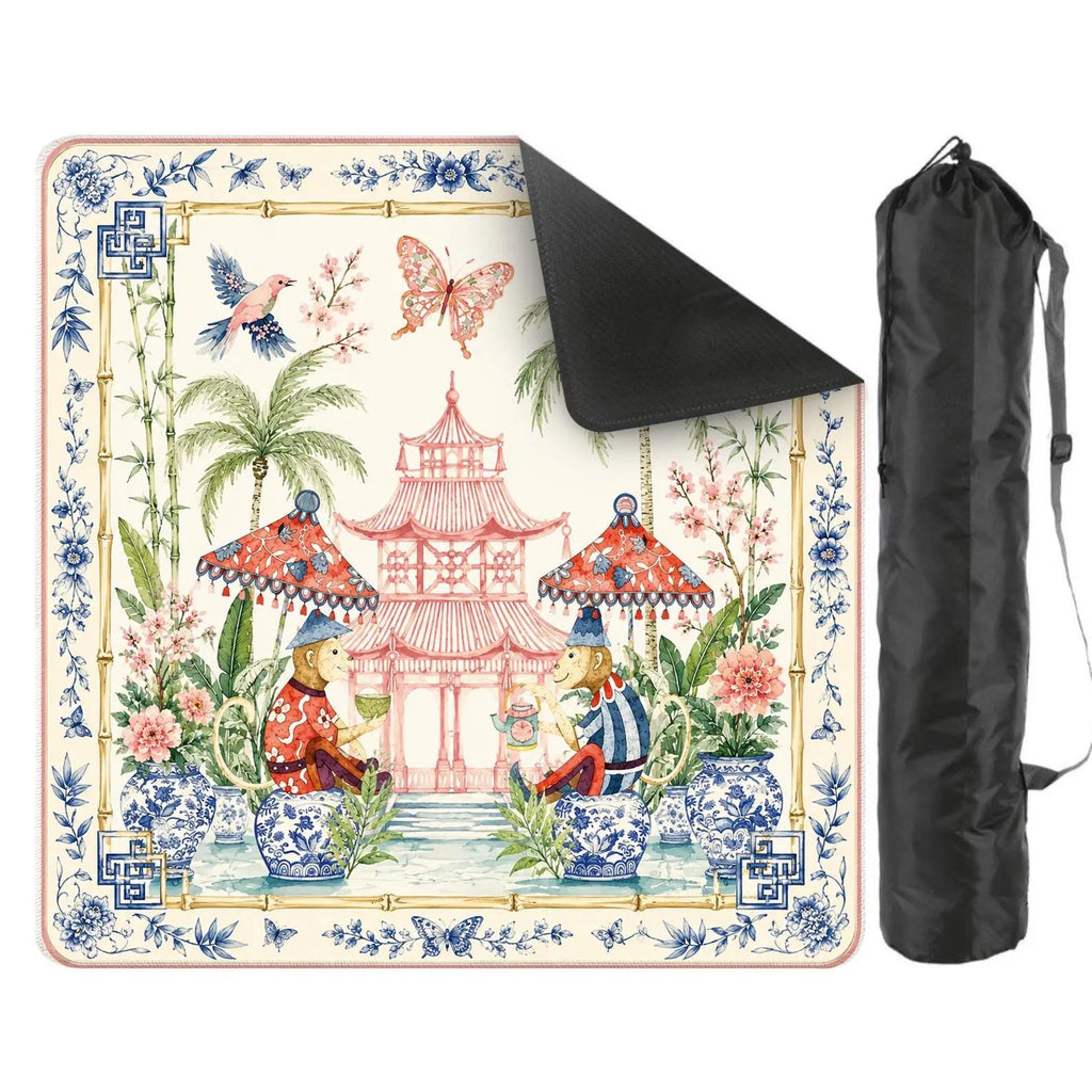 Chinoiserie Monkey Mahjong Mat, Pink Pagoda Garden Game Mat, Blue White Ginger Jar