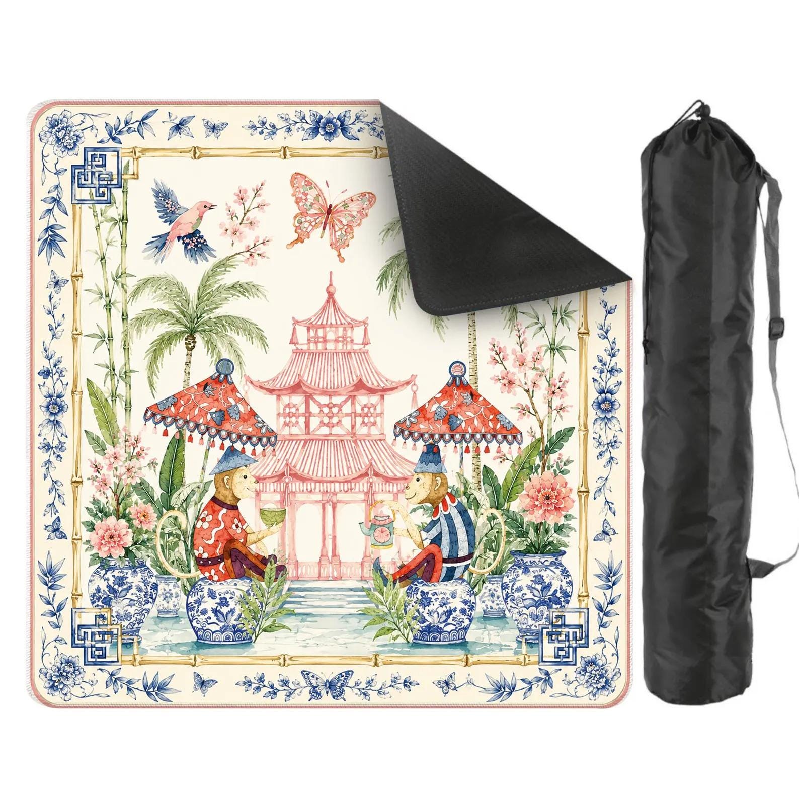 Chinoiserie Monkey Mahjong Mat, Pink Pagoda Garden Game Mat, Blue White Ginger Jar