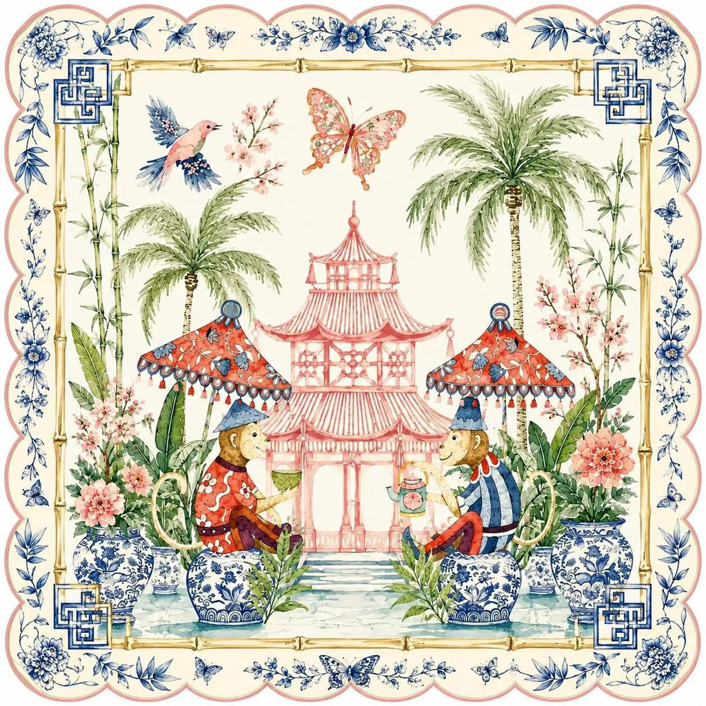 Chinoiserie Monkey Mahjong Mat, Pink Pagoda Garden Game Mat, Blue White Ginger Jar