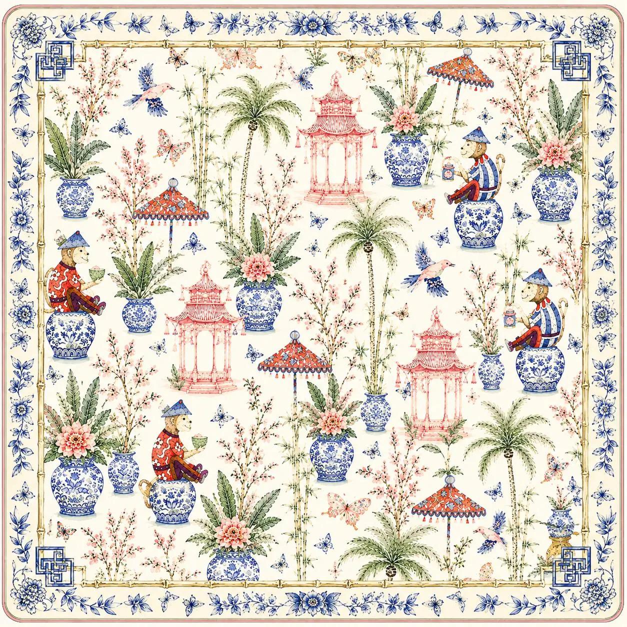 Chinoiserie Monkey Mahjong Mat, Pink Pagoda Garden Game Mat, Blue White Ginger Jar