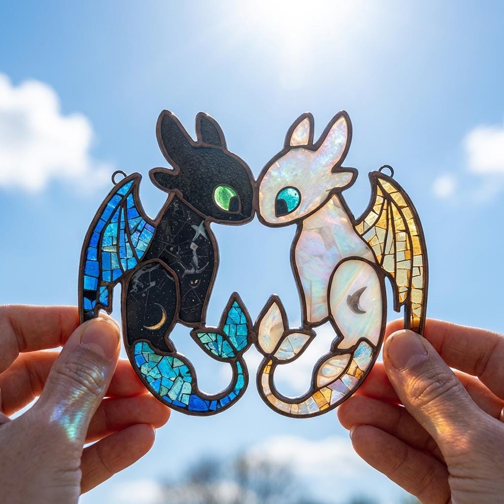 Custom Name Light Fury & Toothless Acrylic Suncatcher, Personalized Dragon Couple Window Hanging, Night Fury Gift for Couples