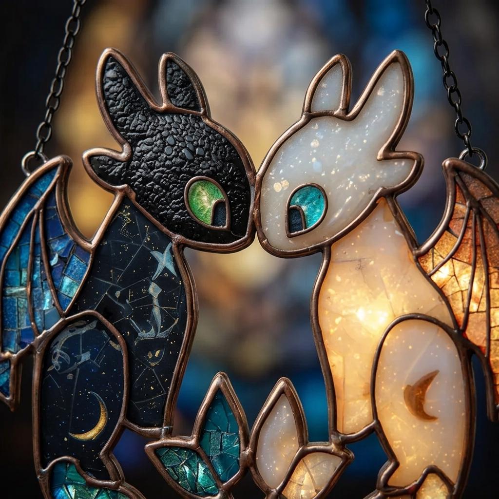 Custom Name Light Fury & Toothless Acrylic Suncatcher, Personalized Dragon Couple Window Hanging, Night Fury Gift for Couples