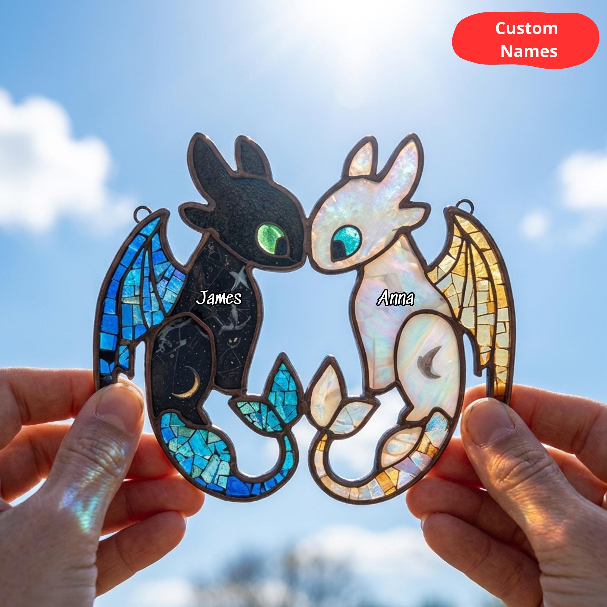 Custom Name Light Fury & Toothless Acrylic Suncatcher, Personalized Dragon Couple Window Hanging, Night Fury Gift for Couples