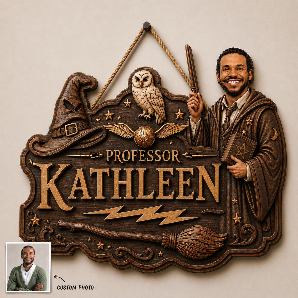 Personalized Wizard Teacher Wooden Sign, Custom Face Professor Door Hanger, Magic School Wood Wall Decor, Teacher Gift