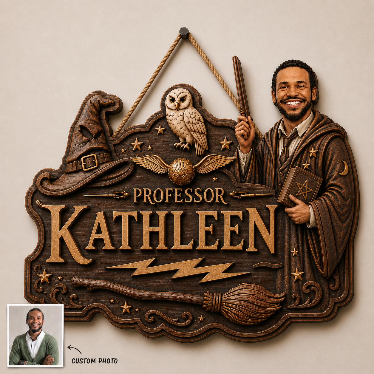 Personalized Wizard Teacher Wooden Sign, Custom Face Professor Door Hanger, Magic School Wood Wall Decor, Teacher Gift