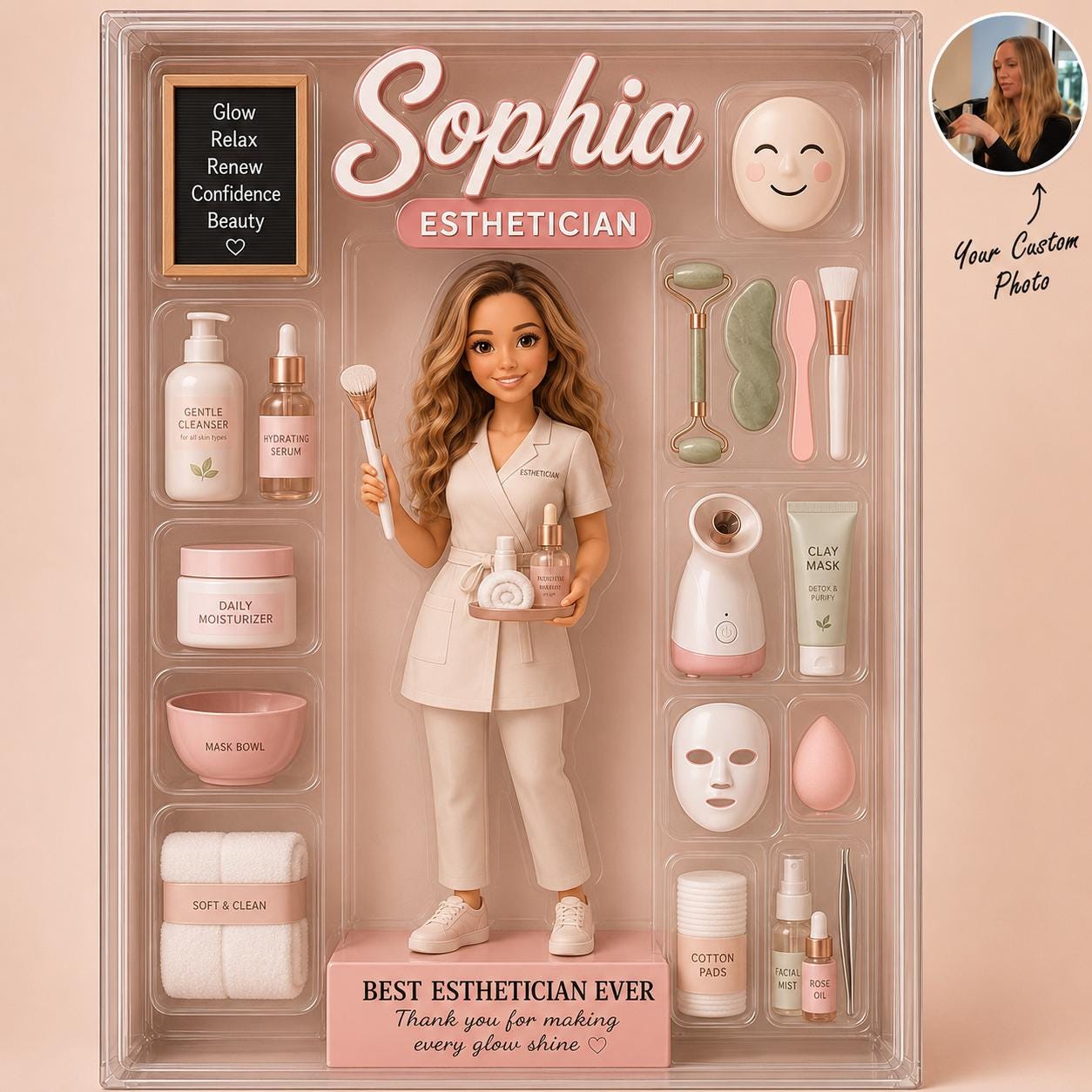 Custom Esthetician Figure Acrylic Block, Personalized Name Beauty Doll Decor, Spa Owner Gift