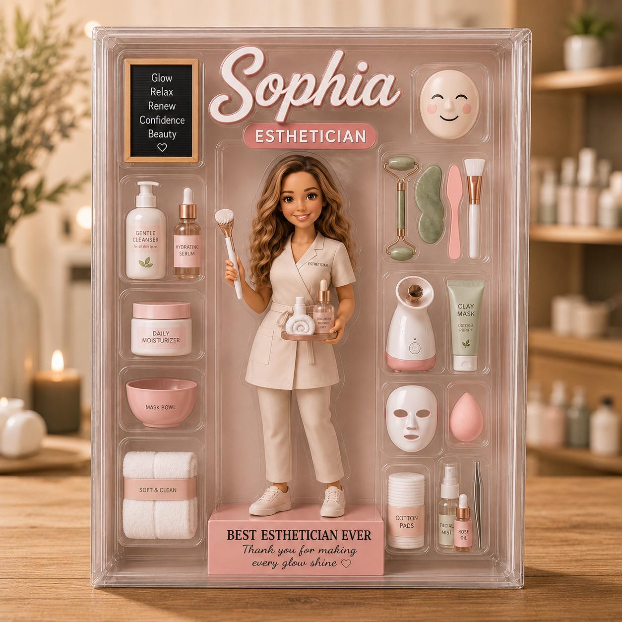 Custom Esthetician Figure Acrylic Block, Personalized Name Beauty Doll Decor, Spa Owner Gift