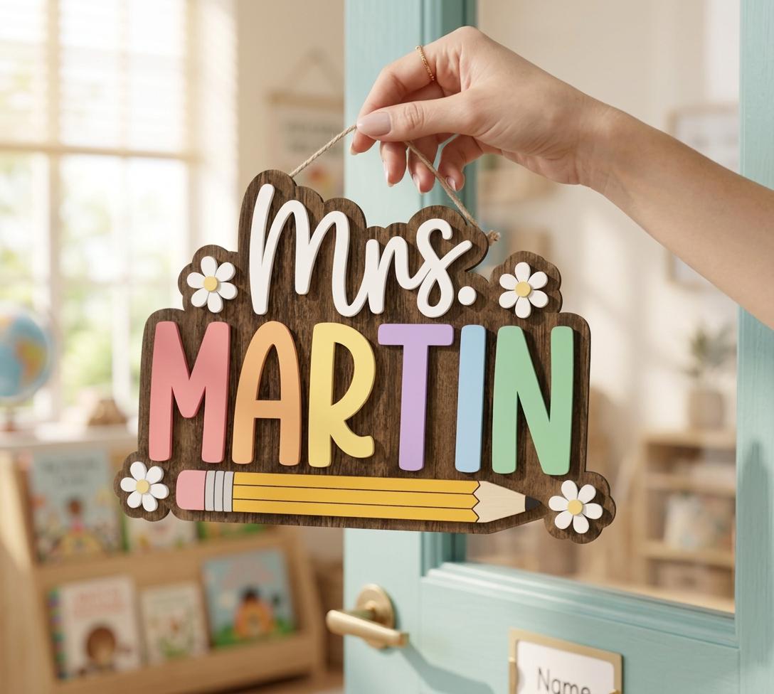 Personalized Teacher Wooden Door Sign, Custom Classroom Name Plaque, Pencil School Decor, Teacher Appreciation Gift