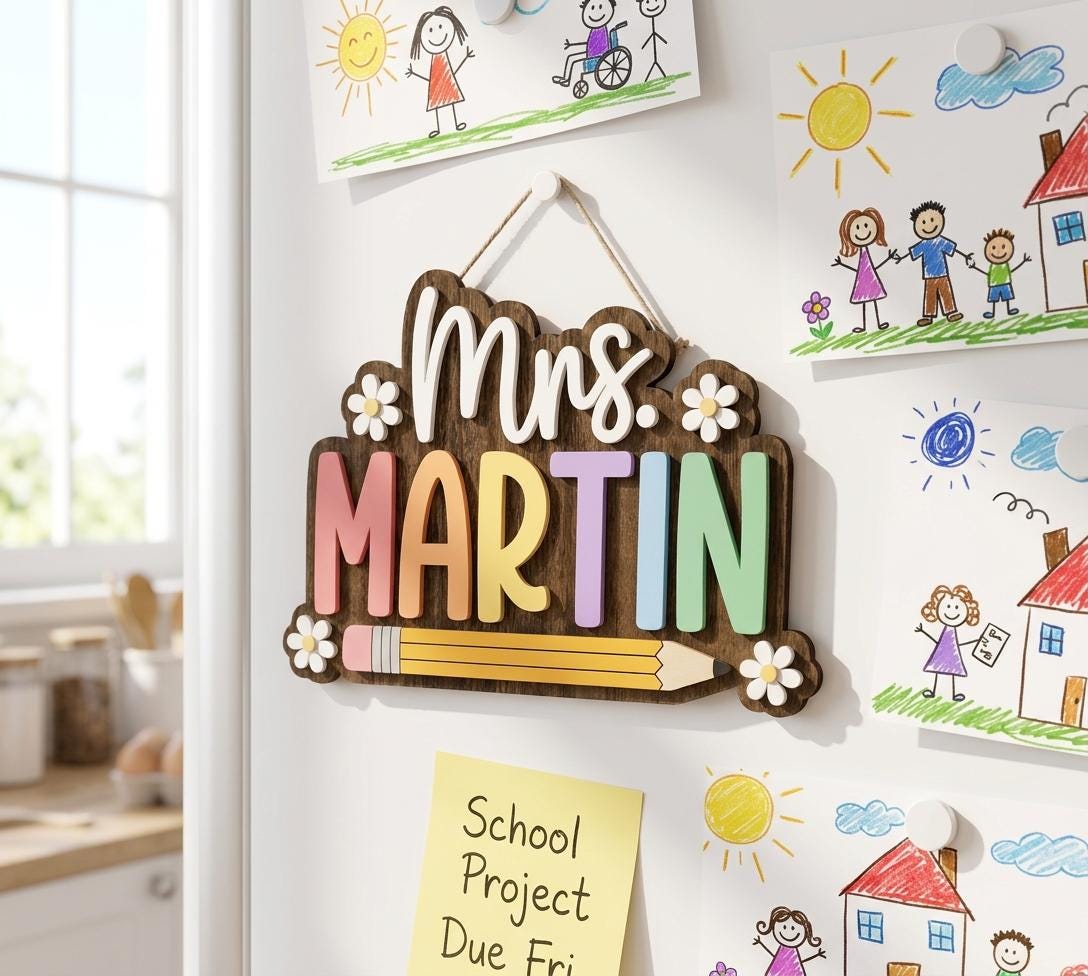 Personalized Teacher Wooden Door Sign, Custom Classroom Name Plaque, Pencil School Decor, Teacher Appreciation Gift