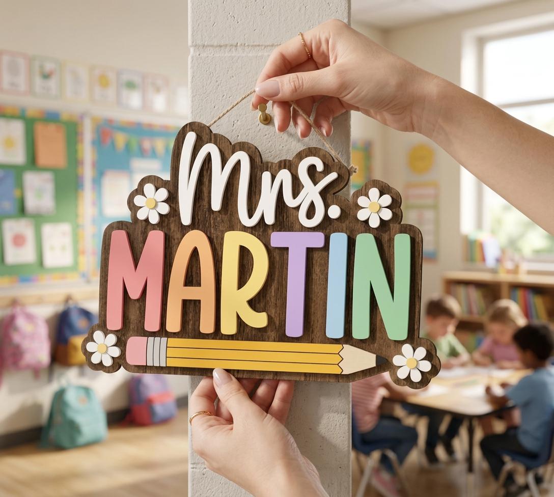 Personalized Teacher Wooden Door Sign, Custom Classroom Name Plaque, Pencil School Decor, Teacher Appreciation Gift