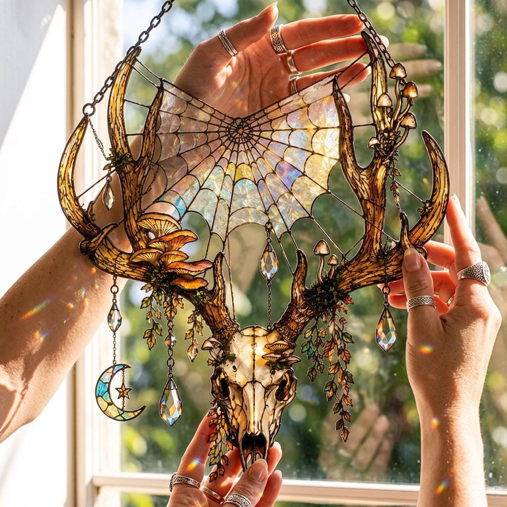 Deer Skull Acrylic Suncatcher, Gothic Faux Stained Glass Window Hanging, Woodland Witch Decor