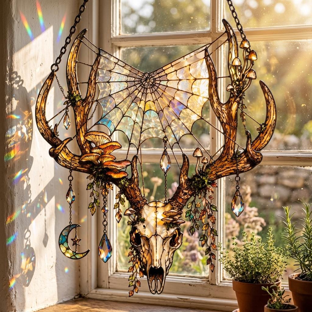 Deer Skull Acrylic Suncatcher, Gothic Faux Stained Glass Window Hanging, Woodland Witch Decor