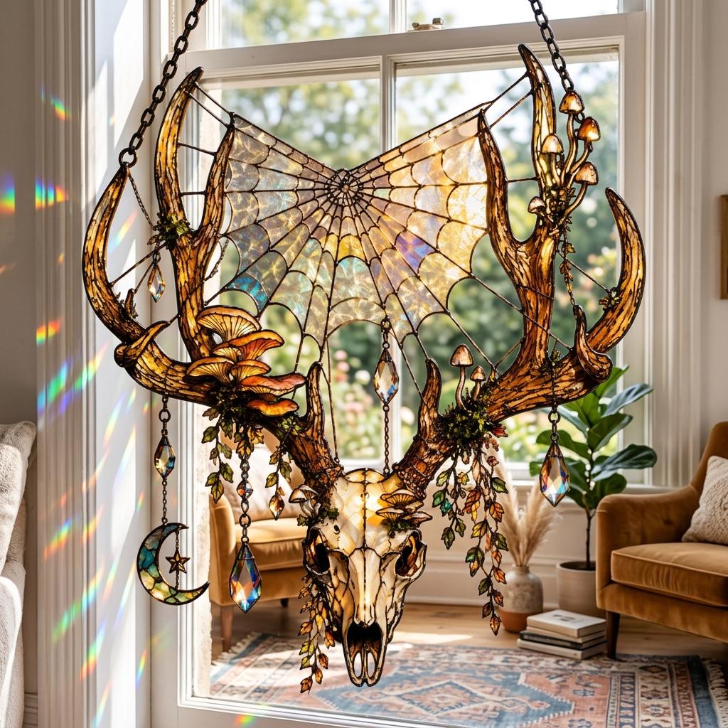 Deer Skull Acrylic Suncatcher, Gothic Faux Stained Glass Window Hanging, Woodland Witch Decor