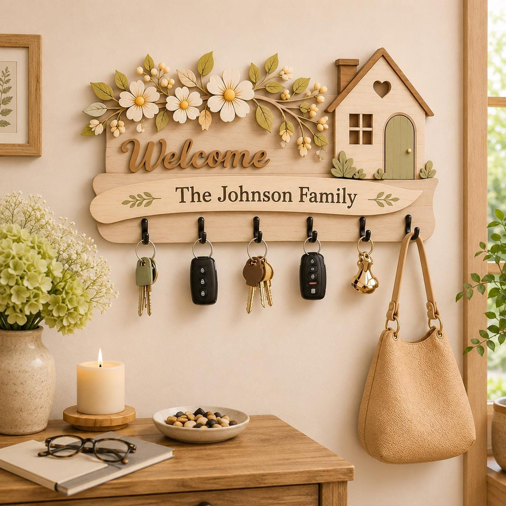 Personalized Wooden Key Holder for Wall, Layered Family Key Hanger, Custom Entryway Organizer, Housewarming Gift, Welcome Home Decor