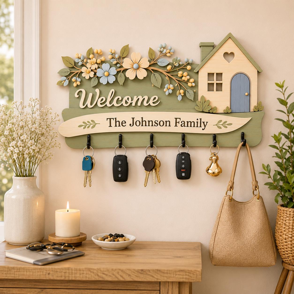 Personalized Wooden Key Holder for Wall, Layered Family Key Hanger, Custom Entryway Organizer, Housewarming Gift, Welcome Home Decor