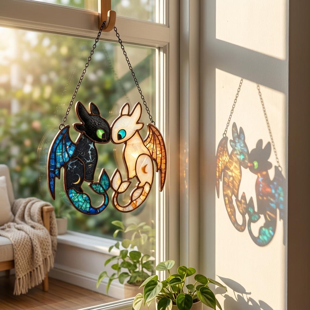 Custom Name Light Fury & Toothless Acrylic Suncatcher, Personalized Dragon Couple Window Hanging, Night Fury Gift for Couples