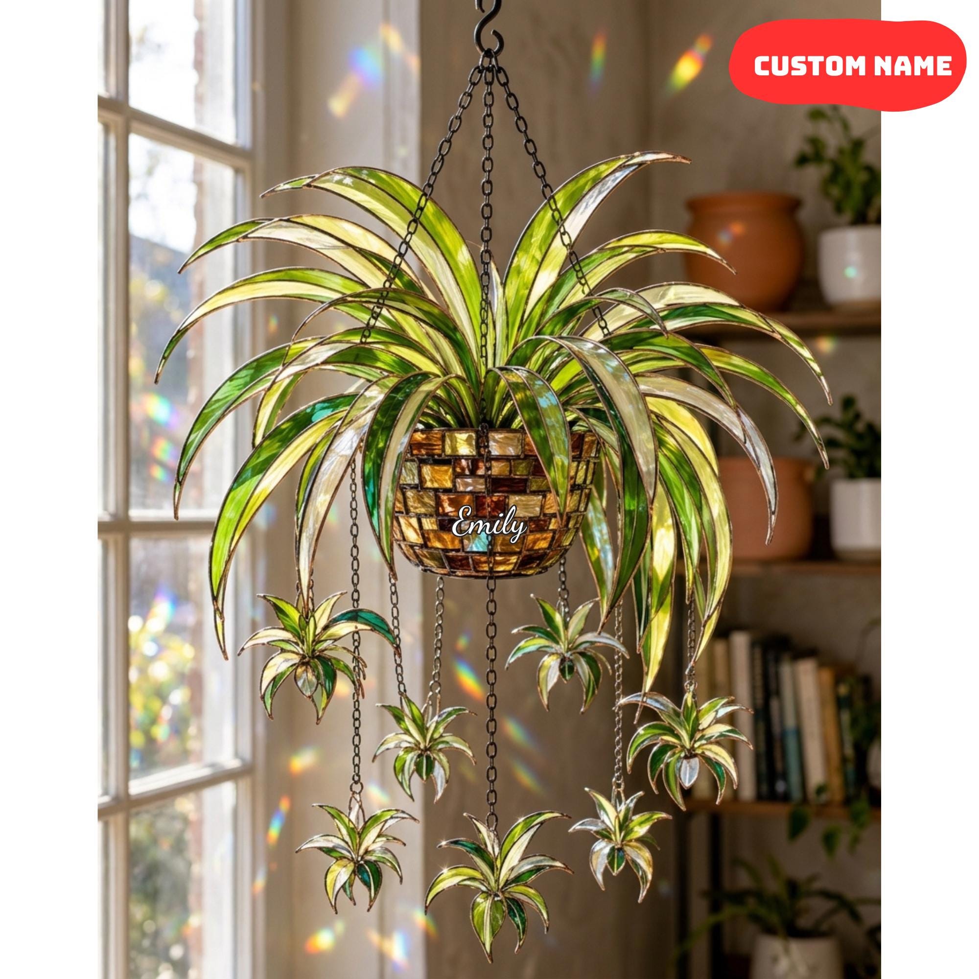 Custom Name Hanging Plant Acrylic Suncatcher, Spider Plant Window Hanging, Personalized Plant Lover Gift