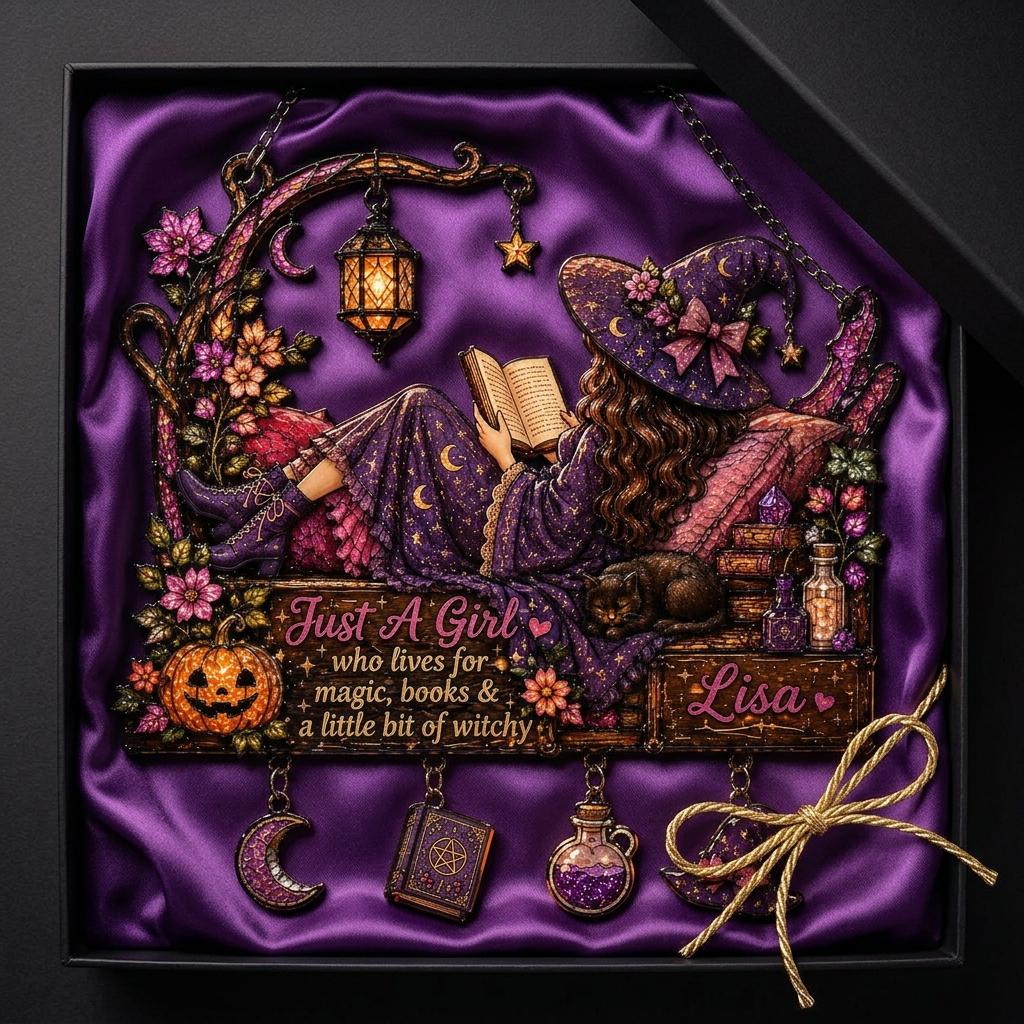 Personalized Witch Faux Stained Glass Acrylic Suncatcher, Custom Name Book Lover Window Decor, Magical Gothic Halloween Gift