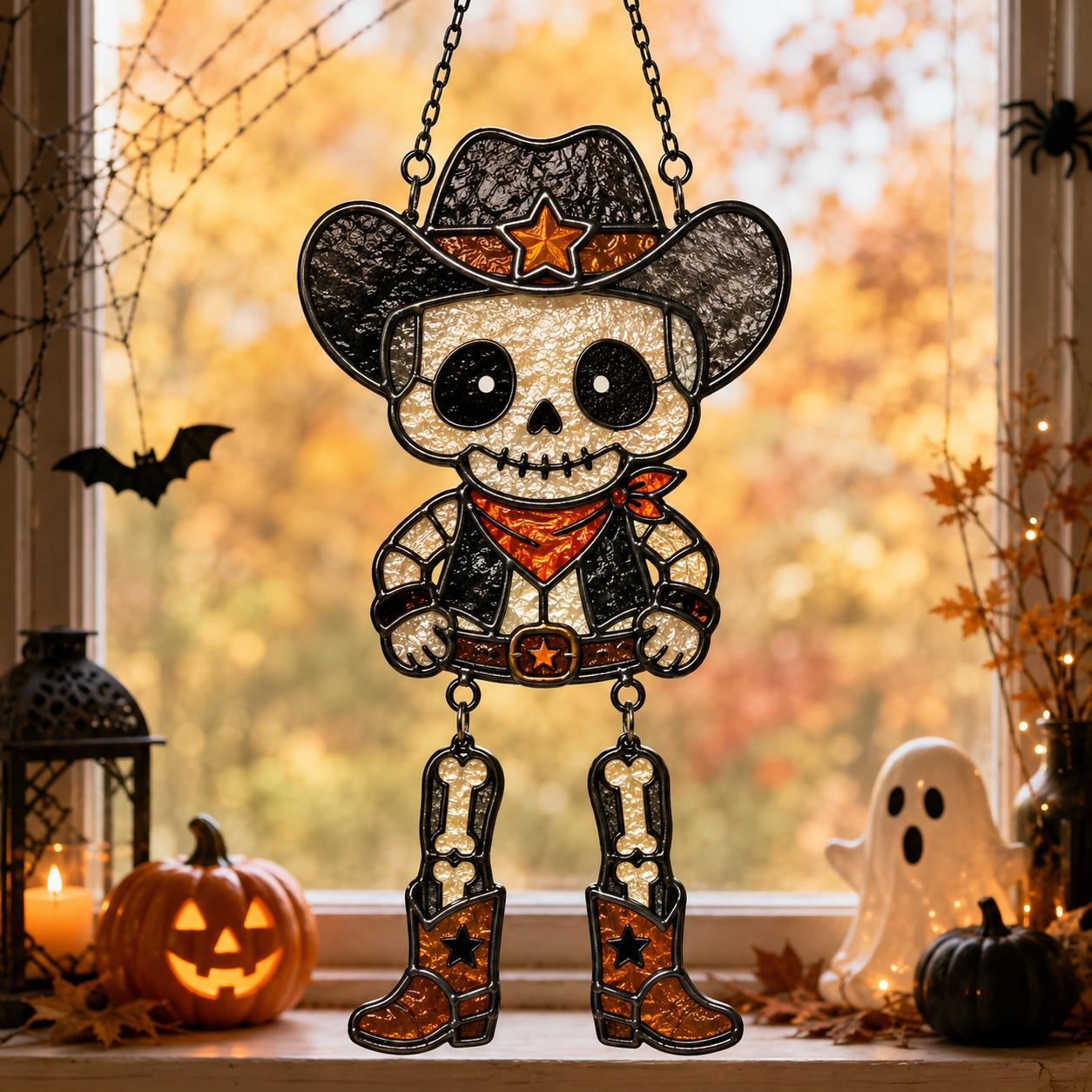 Western Skeleton Cowboy Acrylic Suncatcher, Halloween Window Hanging Decor, Spooky Skull Cowboy Gift, Gothic Western Ornament