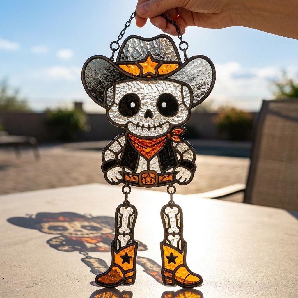 Western Skeleton Cowboy Acrylic Suncatcher, Halloween Window Hanging Decor, Spooky Skull Cowboy Gift, Gothic Western Ornament