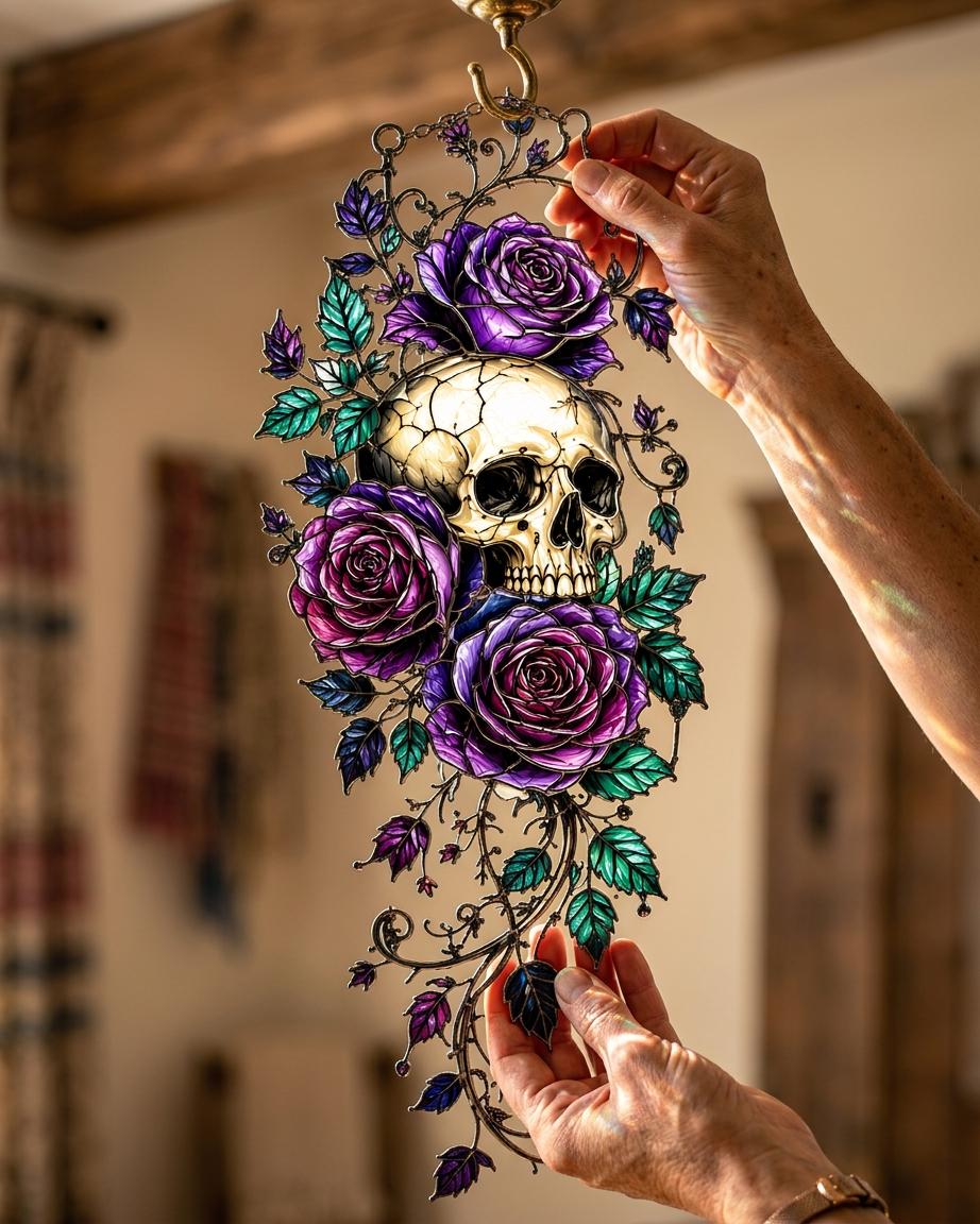 Skull Rose Faux Stained Glass Suncatcher, Gothic Floral Window Hanging, Purple Rose Skull Decor, Dark Botanical Gift