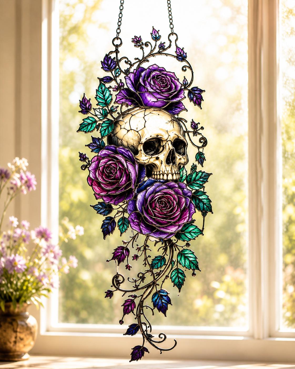 Skull Rose Faux Stained Glass Suncatcher, Gothic Floral Window Hanging, Purple Rose Skull Decor, Dark Botanical Gift
