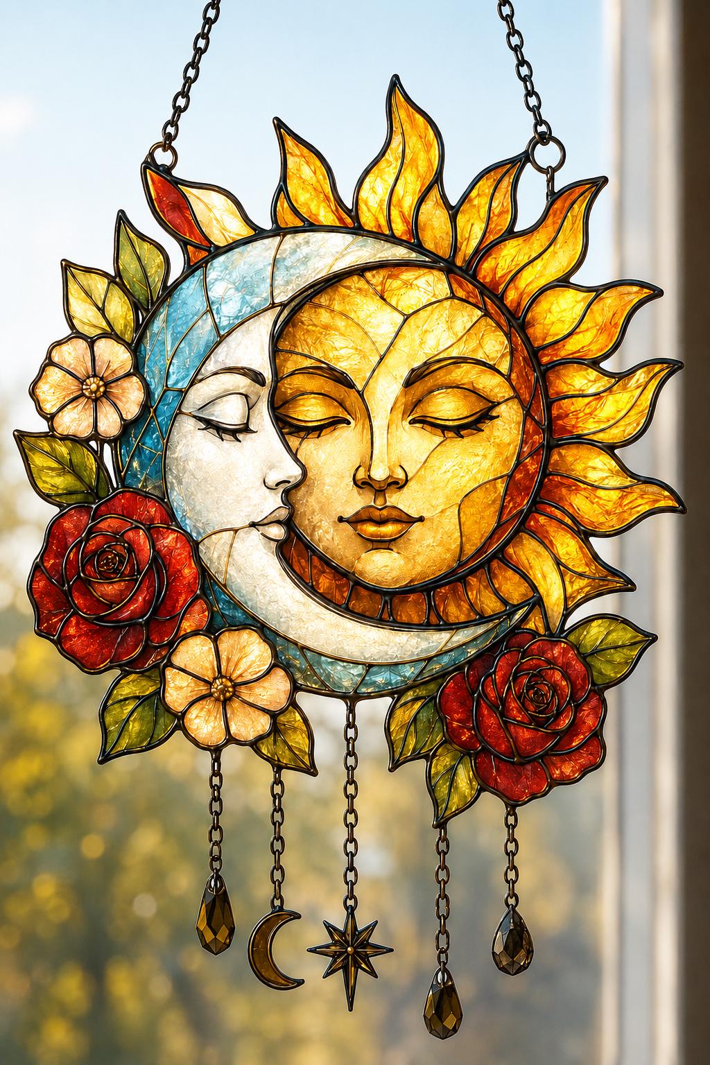 Sun and Moon Faux Stained Glass Suncatcher, Celestial Window Hanging, Floral Moon Decor, Boho Sun Gift