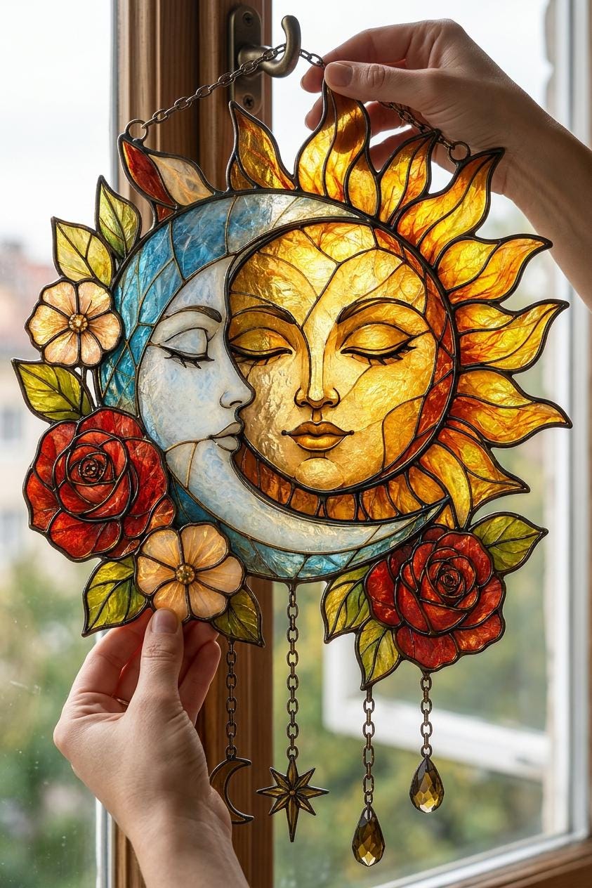 Sun and Moon Faux Stained Glass Suncatcher, Celestial Window Hanging, Floral Moon Decor, Boho Sun Gift