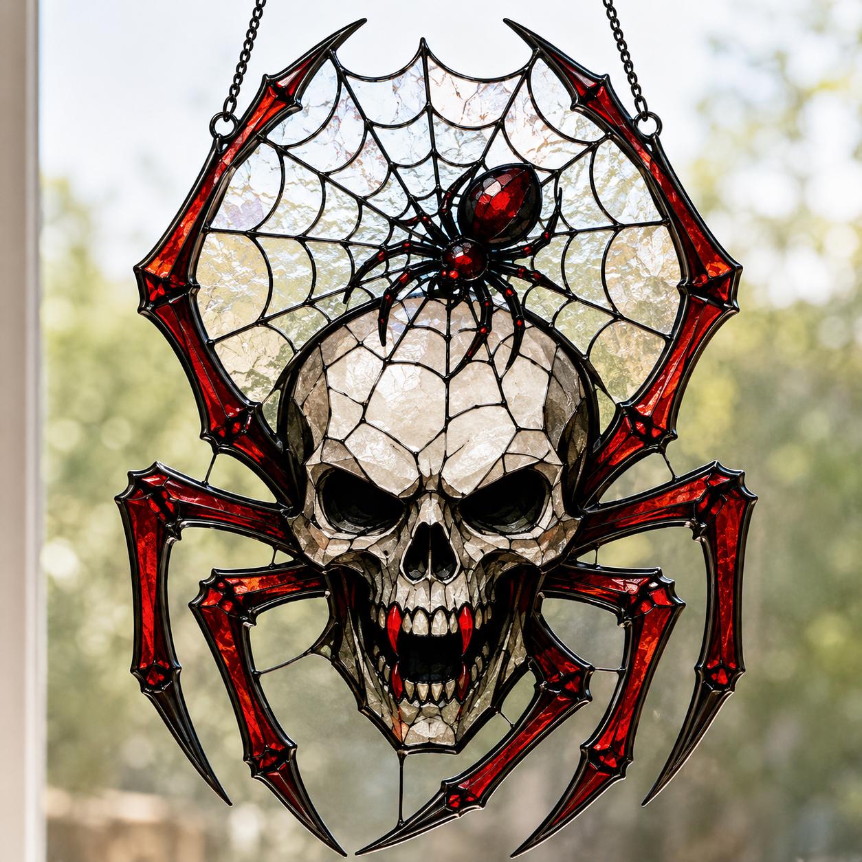 Spider Skull Faux Stained Glass Suncatcher, Gothic Spider Web Window Hanging, Vampire Skull Halloween Decor