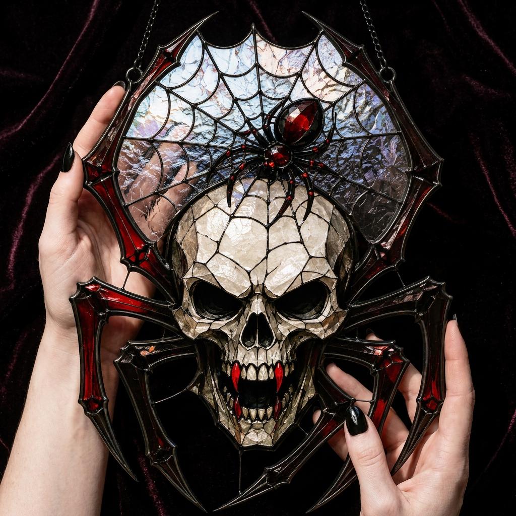 Spider Skull Faux Stained Glass Suncatcher, Gothic Spider Web Window Hanging, Vampire Skull Halloween Decor