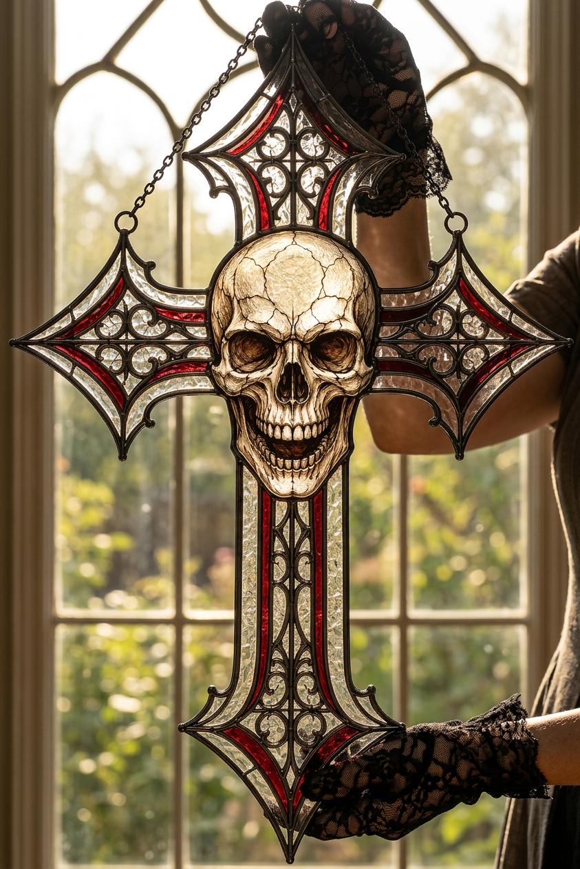 Skull Cross Faux Stained Glass Suncatcher, Gothic Cross Window Hanging, Skull Cross Decor, Christian Gothic Gift