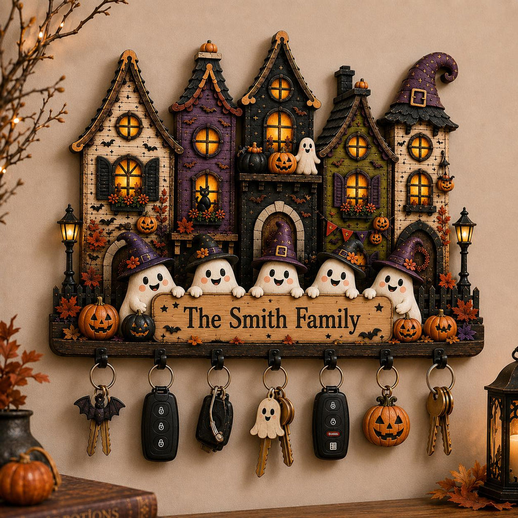 2D PRINTED Personalized Halloween Key Holder, Custom Family Name Wooden Key Hanging, Haunted House Wall Organizer, Ghost Home Decor