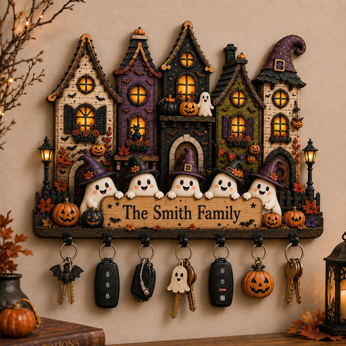 2D PRINTED Personalized Halloween Key Holder, Custom Family Name Wooden Key Hanging, Haunted House Wall Organizer, Ghost Home Decor